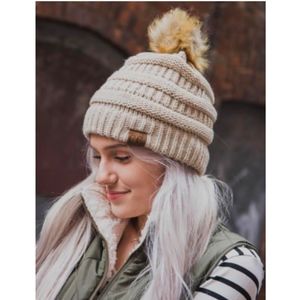 C.C Beanie in New Beige with Tan Faux Fur Pom NEW!